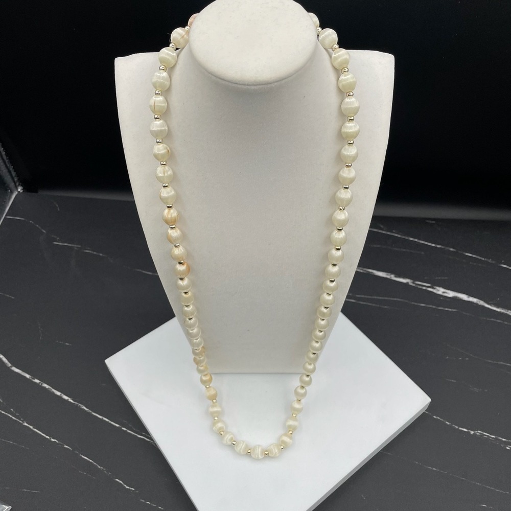 VTG Fiber Bead Strand Necklace Textured Cream Satin Ball Style Opera Length 15"